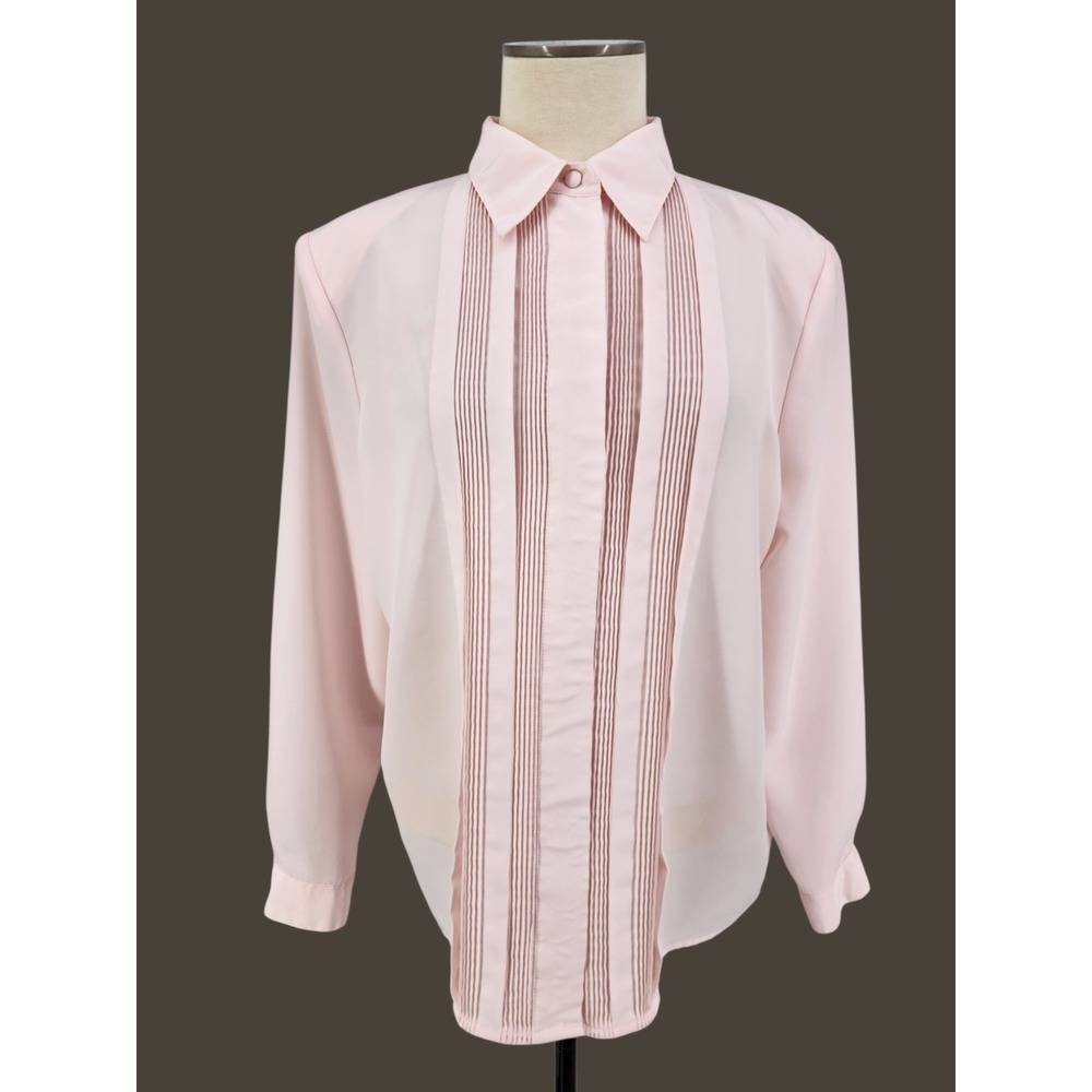 Vintage Laura Scott Pleated Blouse Career Pink Button Down Retro Shoulder Pad 14